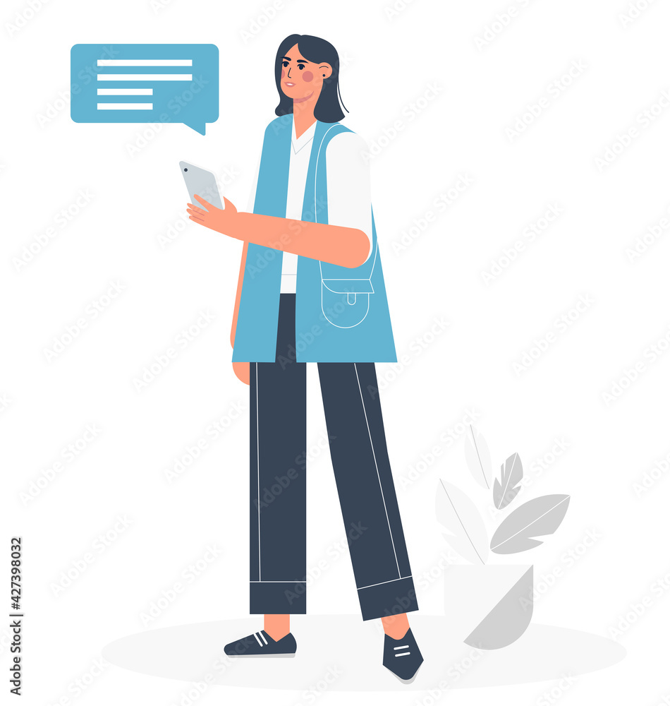 A young woman holds a tablet in her hands and communicates in social networks. Trendy flat vector illustration on isolated white background A young woman holds a tablet in her hands and communicates in social networks. Trendy flat vector illustration on isolated white background