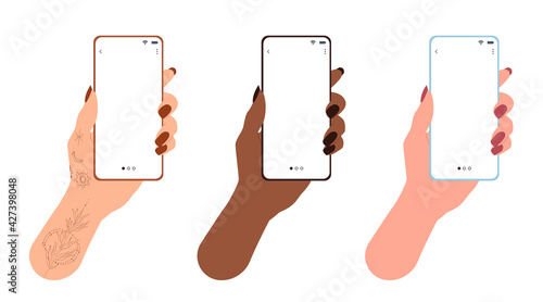 Women's hands of different nationalities, as well as a hand with tattoos, hold mobile phones. Flat vector illustration on isolated white background