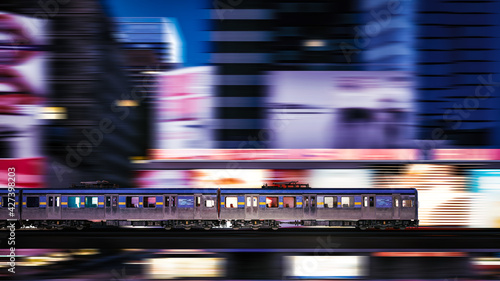 Moving train on blurred city background. Metro train in urban city, side view. 3d illustration © ALEKSTOCK.COM