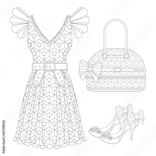 Evening clothes set with dress, high heels and handbag. Fashion look for coloring book page for adult for meditation. Vector illustration with doodle and zentangle elements.