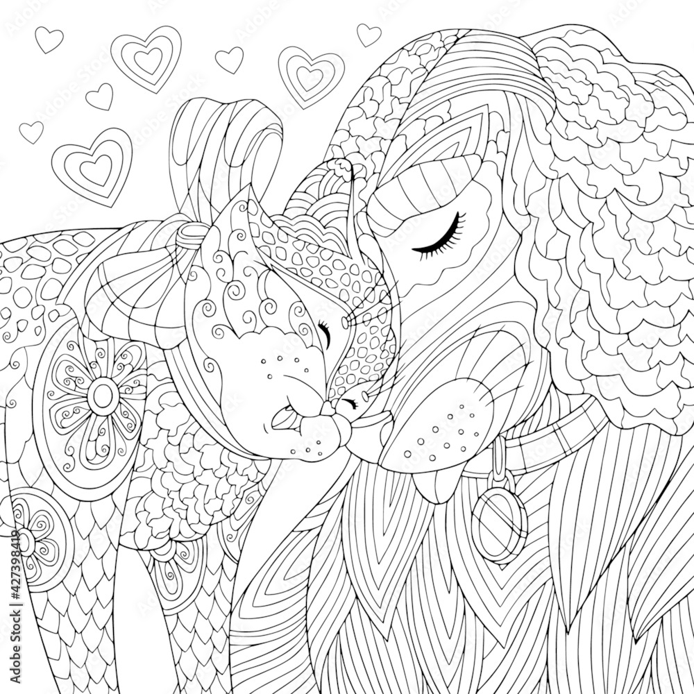 Fototapeta premium Lovely pets coloring book page. Cute fluffy cat and dog together smile. Friendly relationship between pets. Vector outline art with zentangle elements.