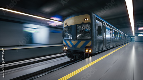Subway train arriving to empty metro station. Train in subway station. 3d illustration