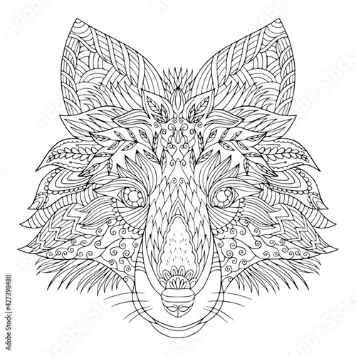 Dog head with zentangle elements. Coloring book page for adult for meditation and anti stress. Vector illustration of furry pet portrait.