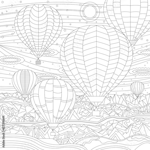 Hot air balloon festival. Beautiful jurney flight with mountains landscape. Coloring book page for adult with doodle and zentangle elements. Isolated vector.