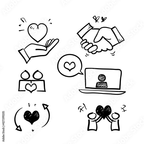 hand drawn doodle Friendship and love line icons. Interaction, Mutual understanding and assistance business.isolated