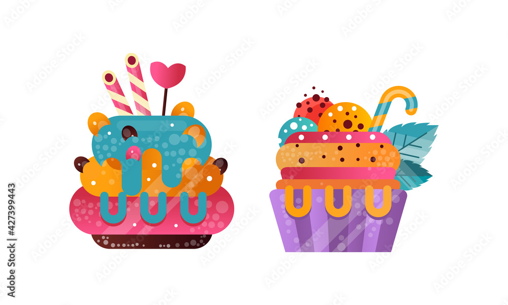 Set of Colorful Cupcakes, Sweet Tasty Muffin Desserts Cartoon Vector Illustration