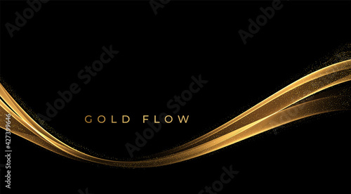 Abstract Gold Waves. Shiny golden moving lines design element with glitter effect on dark background for greeting card and disqount voucher.