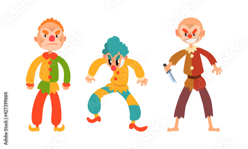 Creepy Clowns Set, Angry Jester and Joker Characters in Colorful Costumes Cartoon Vector Illustration