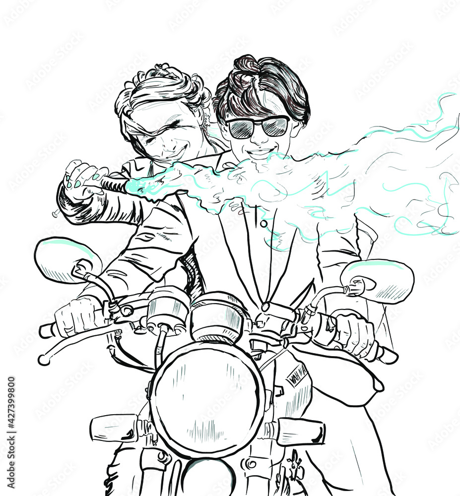 Fototapeta premium Couple in love smiling on the motorcycle with blue smoke 