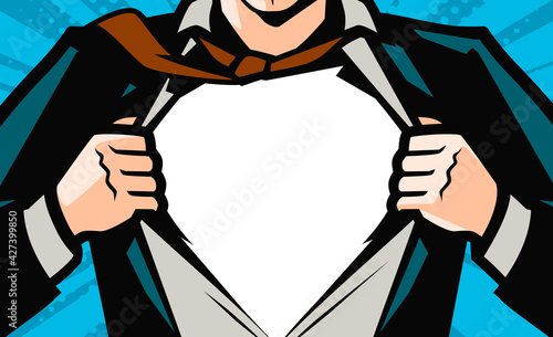 Superhero businessman tearing his shirt. Business success concept in pop art comic style. Vector illustration