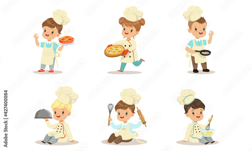 Cute Kids Chefs Set, Adorable Little Children in Uniform Cooking and Baking in the Kitchen Cartoon Vector Illustration Cute Kids Chefs Set, Adorable Little Children in Uniform Cooking and Baking in the Kitchen Cartoon Vector Illustration
