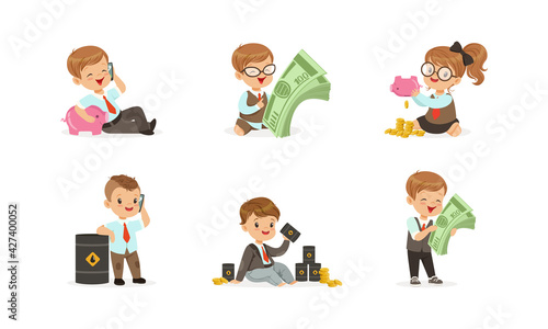 Cute Happy Kids Millionaires Set, Successful Business Children Earning Money, Savings, Finance, Richness Cartoon Vector Illustration