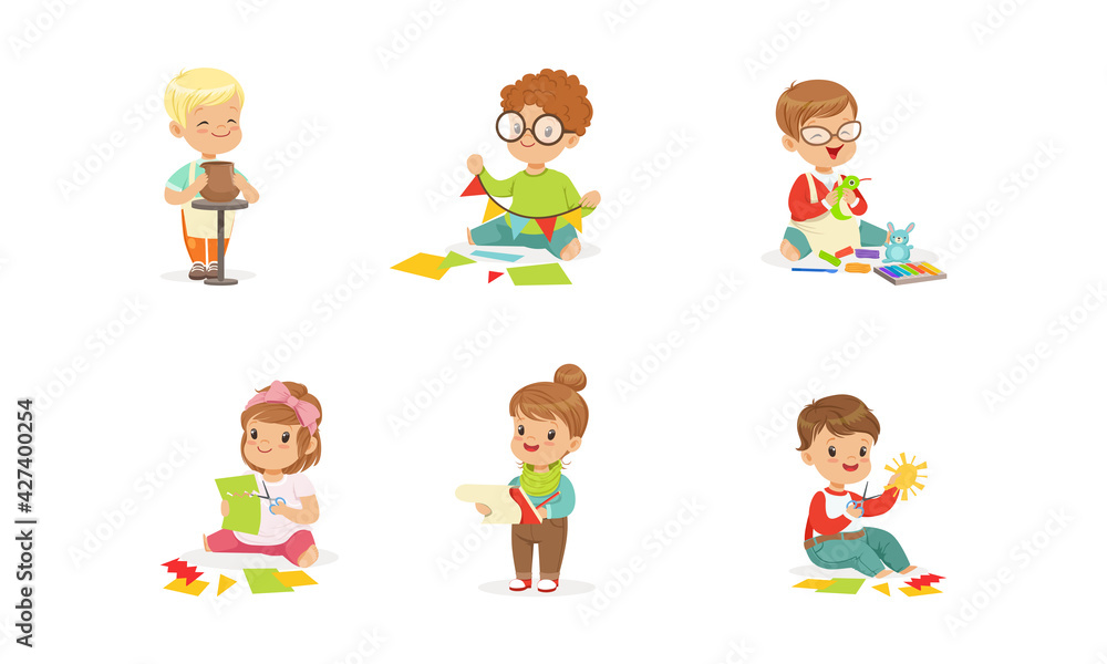 Kids Creativity Education and Development, Little Boys and Girls Drawing,  Cutting Application, Making Ceramic Pot Cartoon Vector Illustration Stock  Vector | Adobe Stock