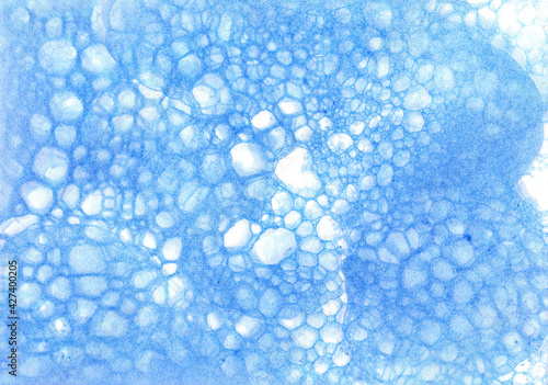 Watercolor illustration blue background bubbles, foam. Artistic background picture with spots, strokes, blobs, bubbles, flare, stripes. For design, website, packaging, print template, background.