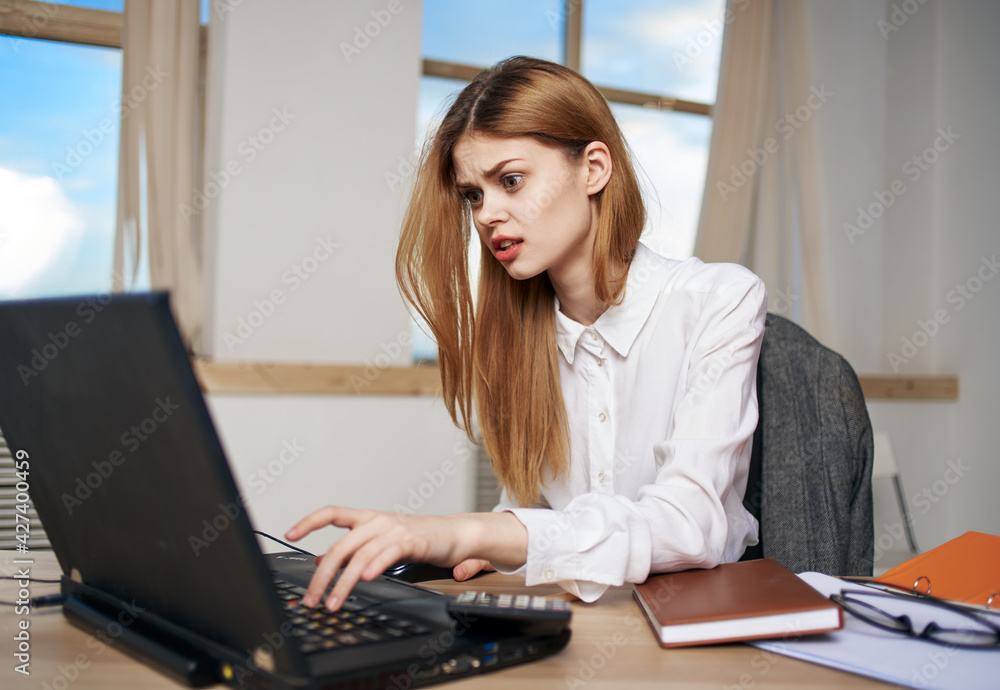 Woman secretary working desk laptop work office manager communication Woman secretary working desk laptop work office manager communication