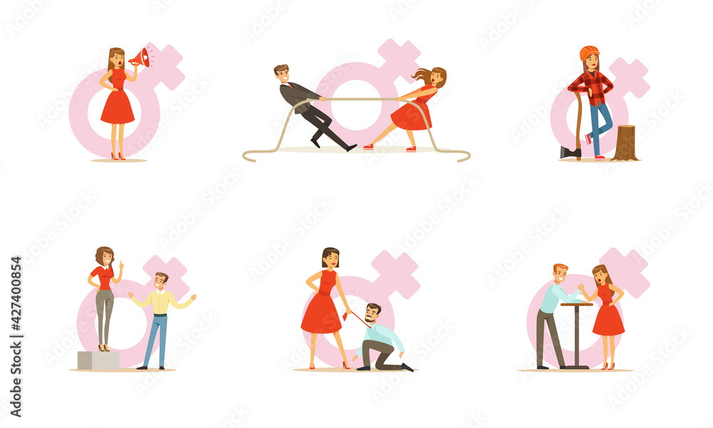 Fototapeta premium Strong Woman Character In Red Dress Set, Feminism Concept Cartoon Vector Illustration