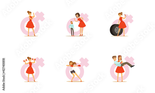 Strong Woman Character In Red Dress Set, Girl Changing Tire Wheel, Doing Sports, Carrying Weak Man on her Hands, Feminism Concept Cartoon Vector Illustration