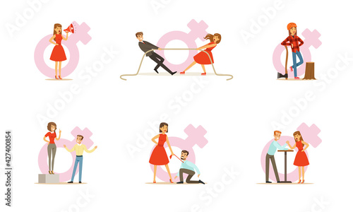 Strong Woman Character In Red Dress Set, Feminism Concept Cartoon Vector Illustration