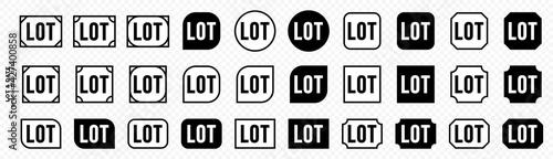 Stamps for product packaging. Marking - batch. Badge of a batch of products put on sale at a time. LOT inscription in a frame with production date, production series or control number. Vector set.