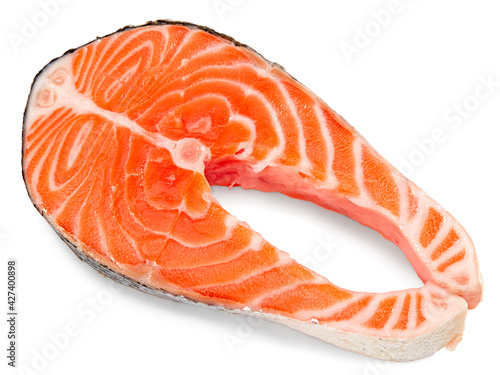 slice of raw fish, salmon, trout, steak, isolated on white background, clipping path, full depth of field