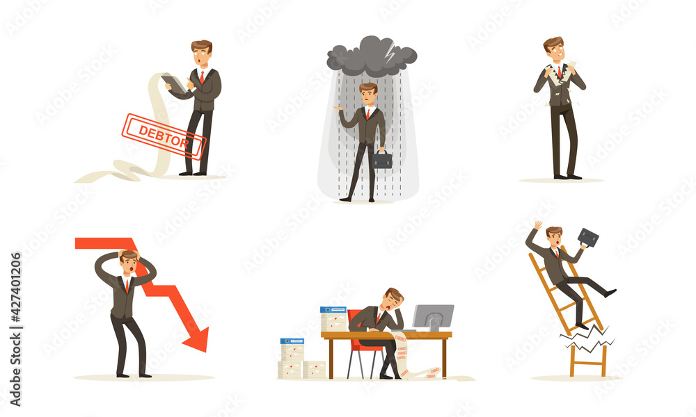 Stressed Businessman Character Set, Financial Problems, Unpaid Loan Debt, Bankruptcy and Crisis Cartoon Vector Illustration