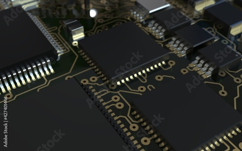 processor chip on a printed circuit board in red backlight. 3d illustration on the topic of technology and the power of artificial intelligence.