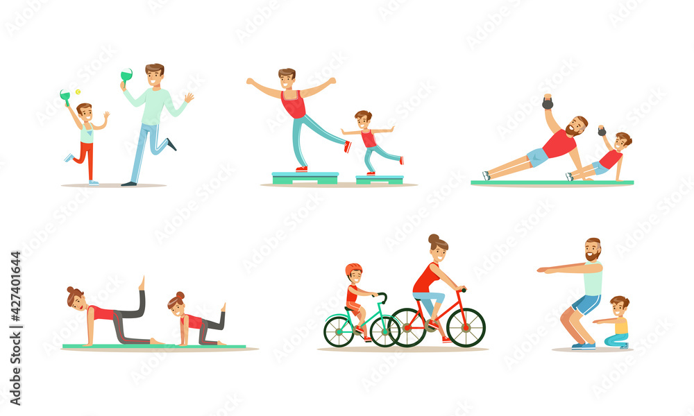 Fototapeta premium Parents and their Kids Doing Sports Together Set, Families Playing Table Tennis, Riding Bicycles and Squatting Cartoon Vector Illustration
