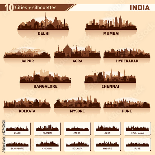 City skyline set. 10 vector silhouettes of India