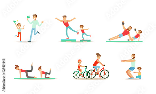 Parents and their Kids Doing Sports Together Set, Families Playing Table Tennis, Riding Bicycles and Squatting Cartoon Vector Illustration