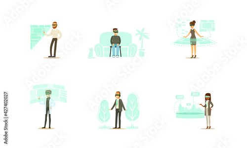 Men and Women Wearing Virtual Reality Headset Set, People Working and Relaxing Using Innovative Technologies Cartoon Vector Illustration