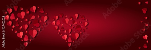Two big red hearts lined with small paper hearts on a red background  Valentine s Day  Valentine s Day  wedding card Vector illustration