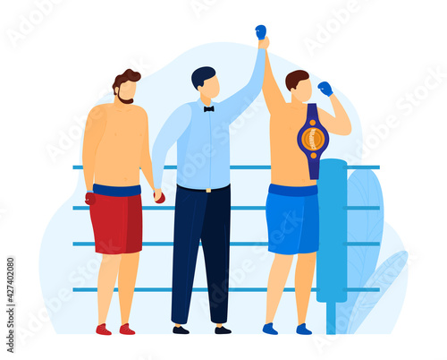 Champion boxer, sport professional championship, equipment concept, victory emblem, design, flat style vector illustration.