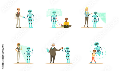 Engineers Making and Programming Robots Set, Robot Designing and Repairing, Artificial Intelligence Technology Cartoon Vector Illustration