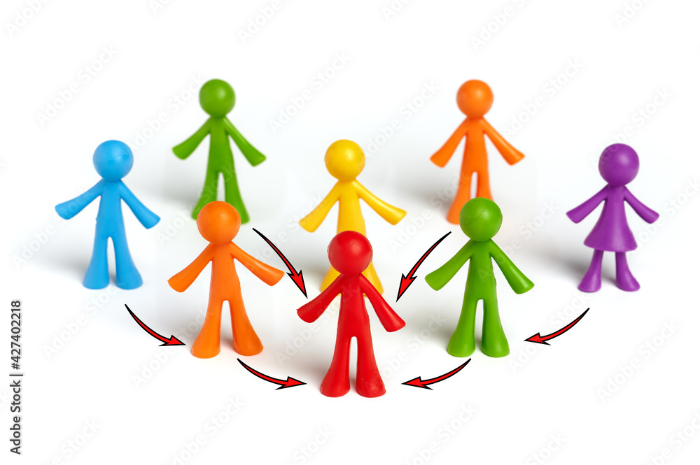 . The concept of a business team leader indicates the direction of movement towards the goal. A group of people are ready to follow their leader. . The concept of a business team leader indicates the direction of movement towards the goal. A group of people are ready to follow their leader.