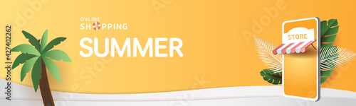 Shopping Online,paper art Summer season Super Sale yellow background,Green tropical On mobile 
