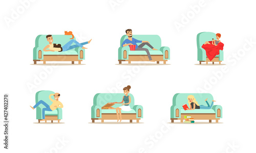 People Doing Different Activities while Sitting on Sofas Set, Young Men and Women Relaxing, Reading, Eating, Watching TV Cartoon Vector Illustration