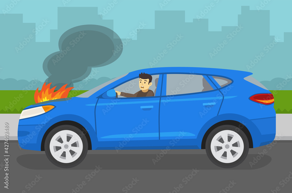 Burning car engine hood. Young scared driver driving his broken suv car. Flat vector illustration template.