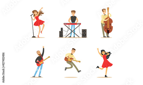 Set of Musicians and Singers, Young Men and Women Playing Classical and Modern Musical Instruments and Singing Cartoon Vector Illustration