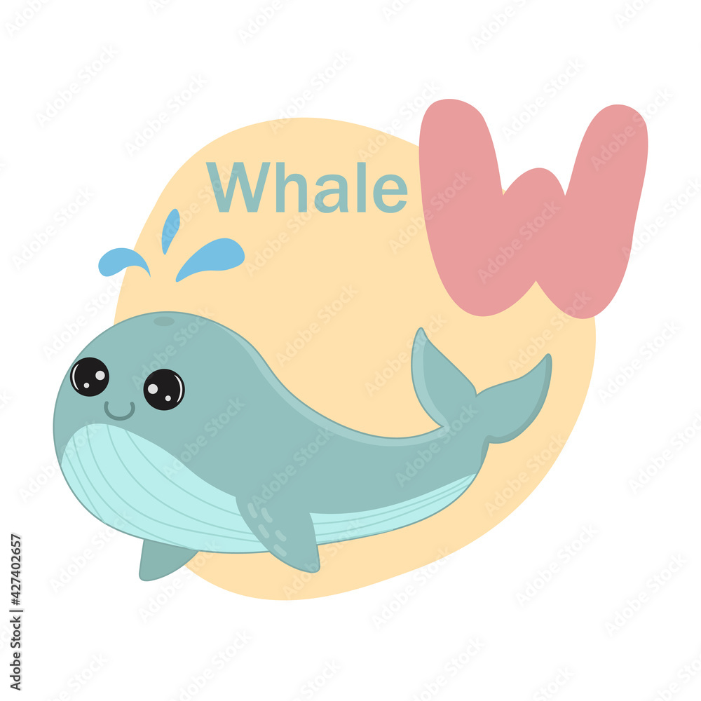 Obraz premium Animals alphabet. Cute whale isolated on white background. Vector illustration for teaching children learning a foreign language. Letter w