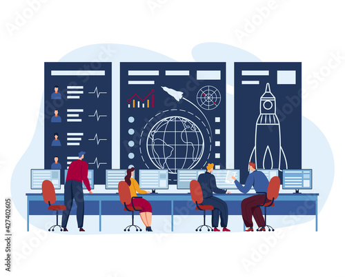 Team control space, station people, scientific modern technologies, exploration universe, design, flat style vector illustration.