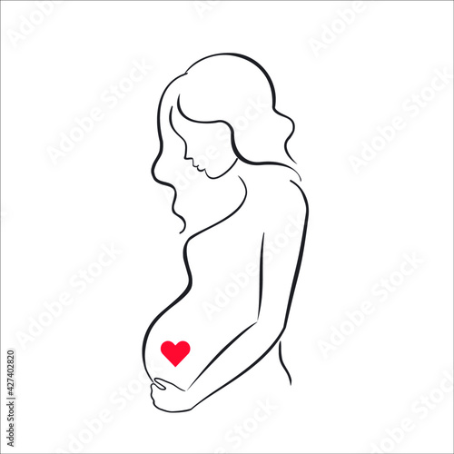 Silhouette of a young pregnant woman with long hair with a heart in her belly on a white background.