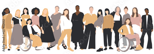 Women of different ethnicities stand side by side together. Flat vector illustration.