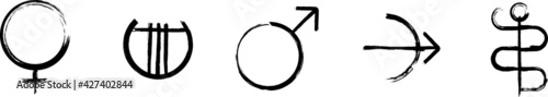 Symbols for Greek Mythology signs. Set of the ancient glyphs. Aphrodite (Venus), Apollon (Apollo), Ares (Mars), Artemis (Diana), Asclepius (Aesculapius). Black ink handwriting. Vector
