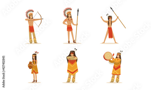 Native American Indians in Traditional Clothes and Headdress Set Cartoon Vector Illustration