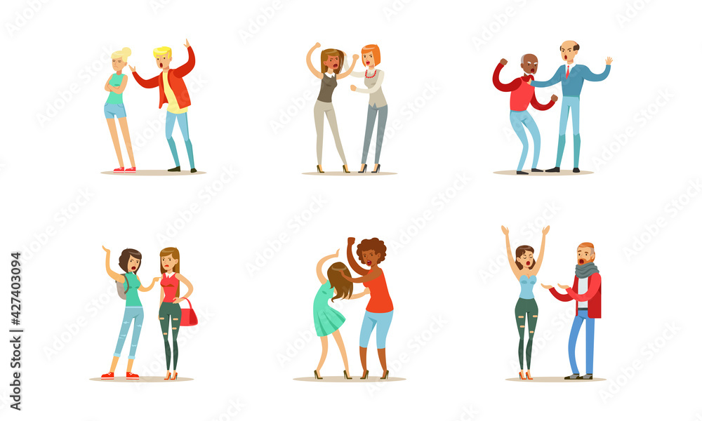 People Quarreling and Arguing Set, Male and Female Persons Sorting Things Out and Fighting Cartoon Vector Illustration