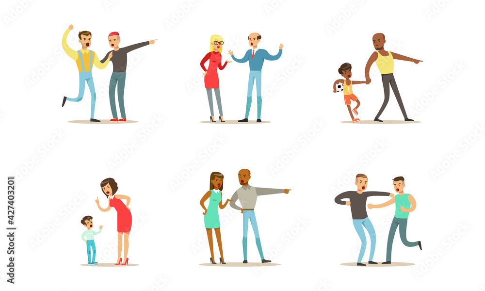 People Quarreling and Arguing Set, Man and Woman Fighting and Loosing Temper in Conflict, Parents Scolding Children Cartoon Vector Illustration