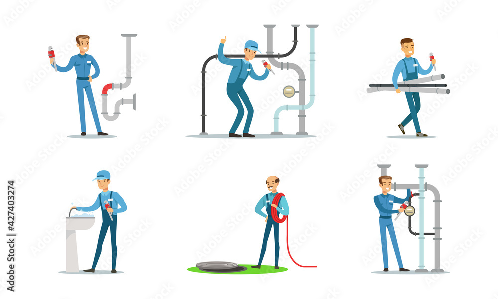 Professional Plumbers, Handymen in Blue Uniform Repairing Pipes with Tools, Repair Service and Maintenance Cartoon Vector Illustration