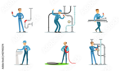 Professional Plumbers, Handymen in Blue Uniform Repairing Pipes with Tools, Repair Service and Maintenance Cartoon Vector Illustration