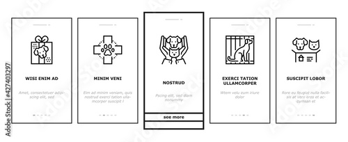 Animal Pet Shelter Onboarding Mobile App Page Screen Vector. Pet Shelter Building And Worker, Eating Cat And Dog, Puppy Present And Medical Document Illustrations