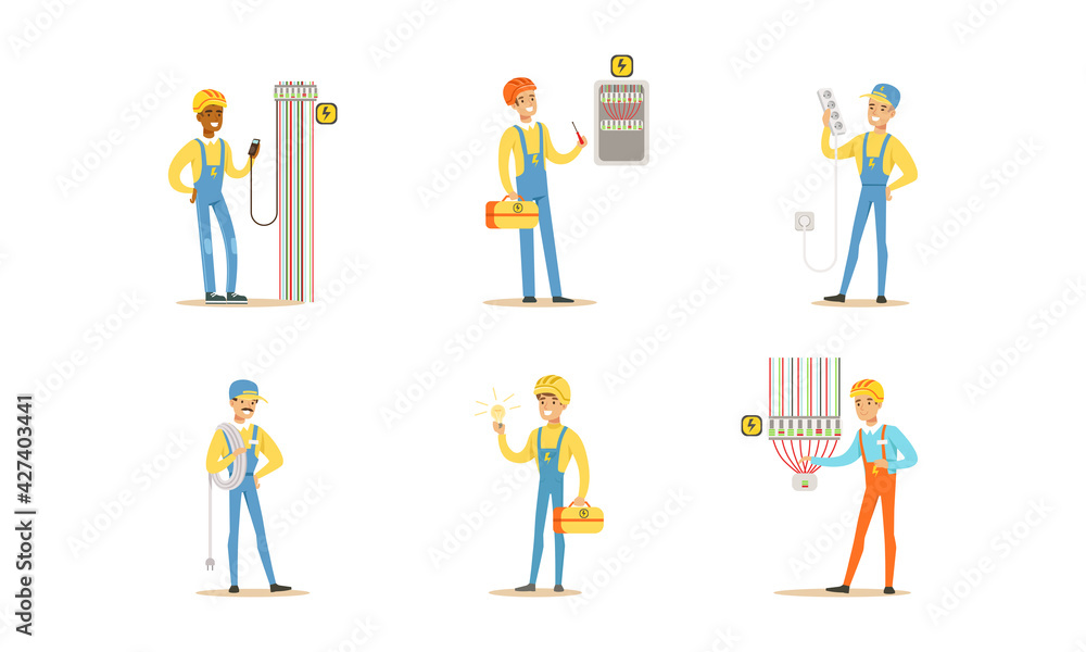 Professional Electricians, Male Electrician Engineers in Uniform Installing and Repairing Electrical Appliance, Repair Service and Maintenance Cartoon Vector Illustration Professional Electricians, Male Electrician Engineers in Uniform Installing and Repairing Electrical Appliance, Repair Service and Maintenance Cartoon Vector Illustration